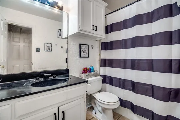 a bathroom with a sink a toilet and a shower curtain