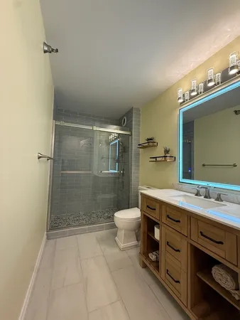 a bathroom with a double vanity sink toilet and shower
