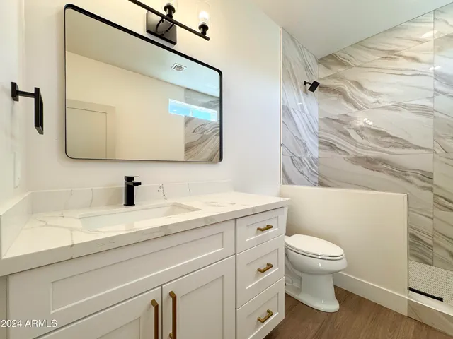 a bathroom with a sink a toilet and a mirror