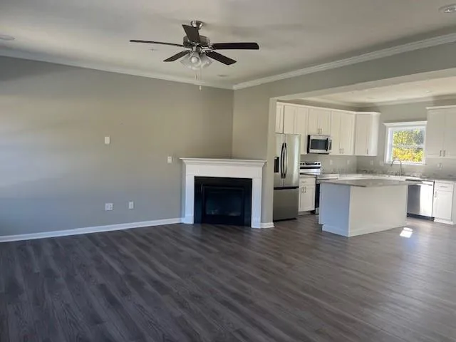 a view of kitchen with sink and fireplace