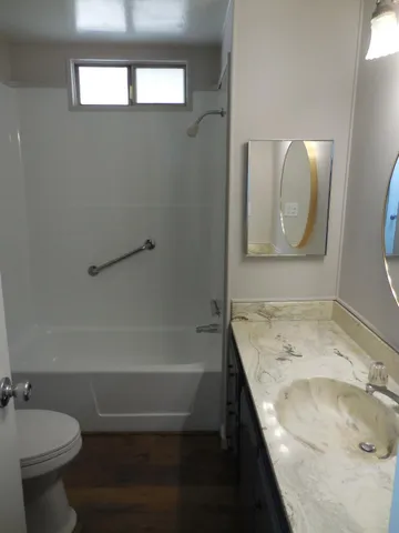 a bathroom with a sink vanity and a mirror