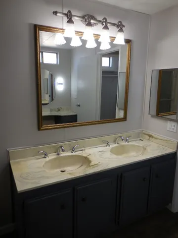 a bathroom with a sink and a mirror