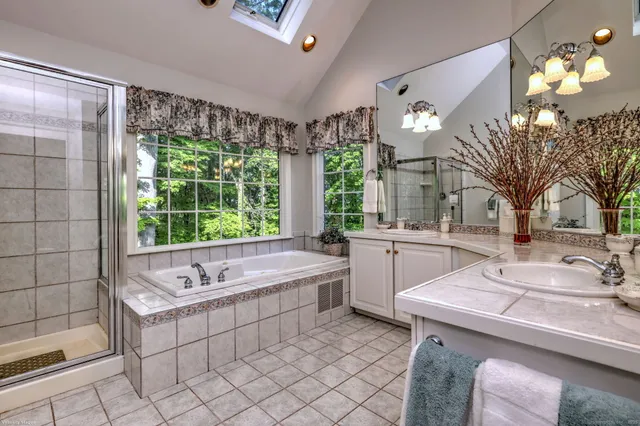 a bathroom with a sink a toilet a mirror and shower