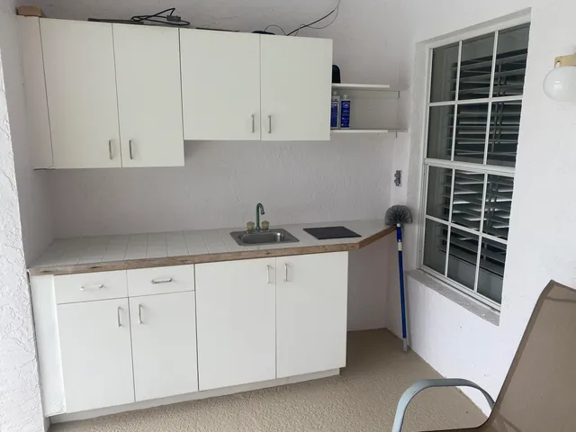 a view with cabinets