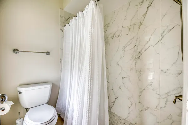 a white toilet sitting next to a shower curtain