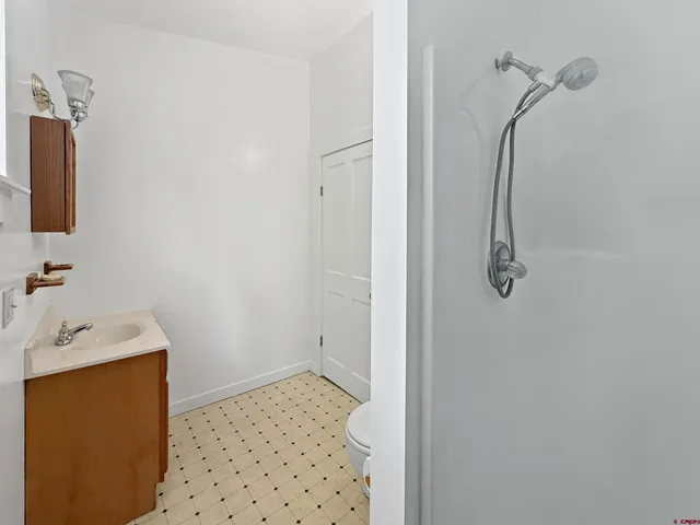 a bathroom with a sink and a shower