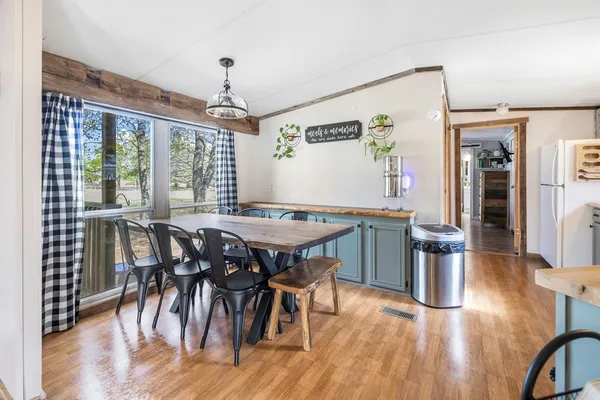 a view of a dining room with furniture window and wooden floor