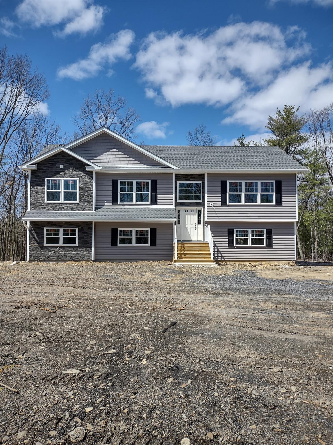 Raised ranch featuring roof with shingles, entry steps, and stone siding