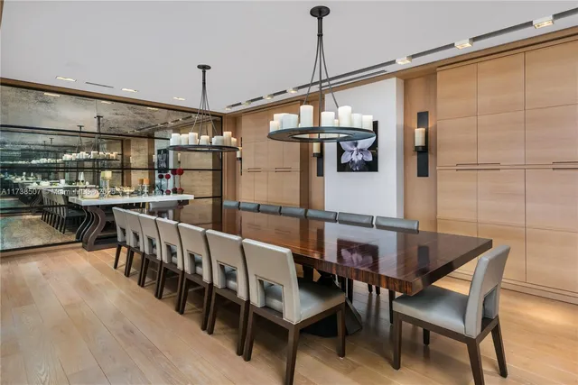 a view of a dining room with furniture