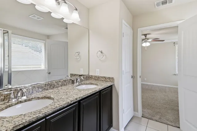 a bathroom with a granite countertop sink a large mirror and a shower
