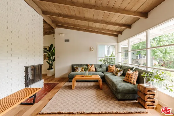 a living room with furniture wooden floor and a potted plant