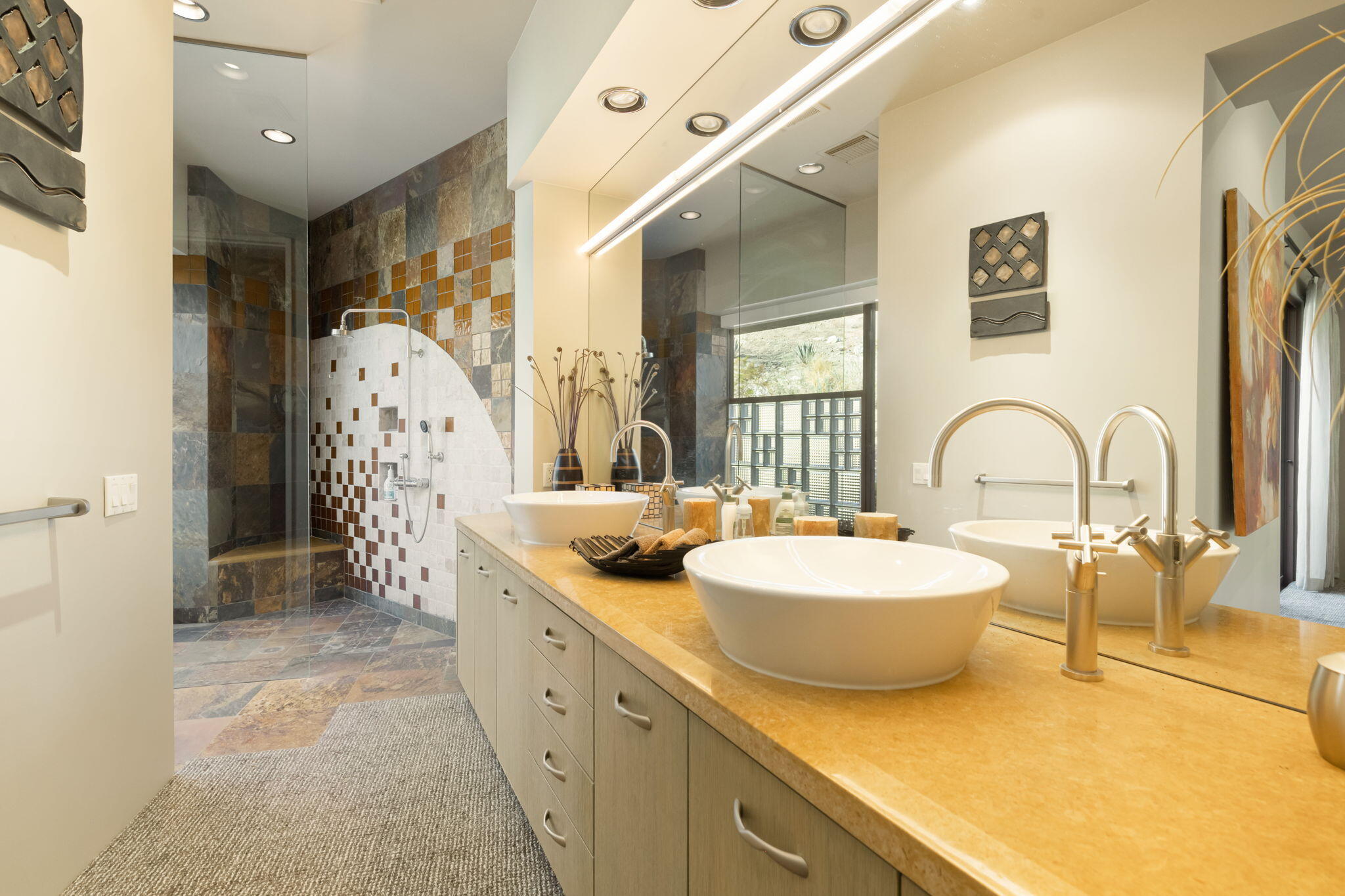 45 Sky Ridge Road Rancho Mirage, CA 92270 - Photo 35 of 85 a spacious bathroom with a double vanity sink and a mirror