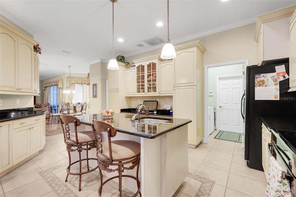 10336 Lake Louisa Road Clermont, FL 34711 - Photo 19 of 58 a kitchen with stainless steel appliances granite countertop a stove top oven a sink a dining table and chairs with wooden floor