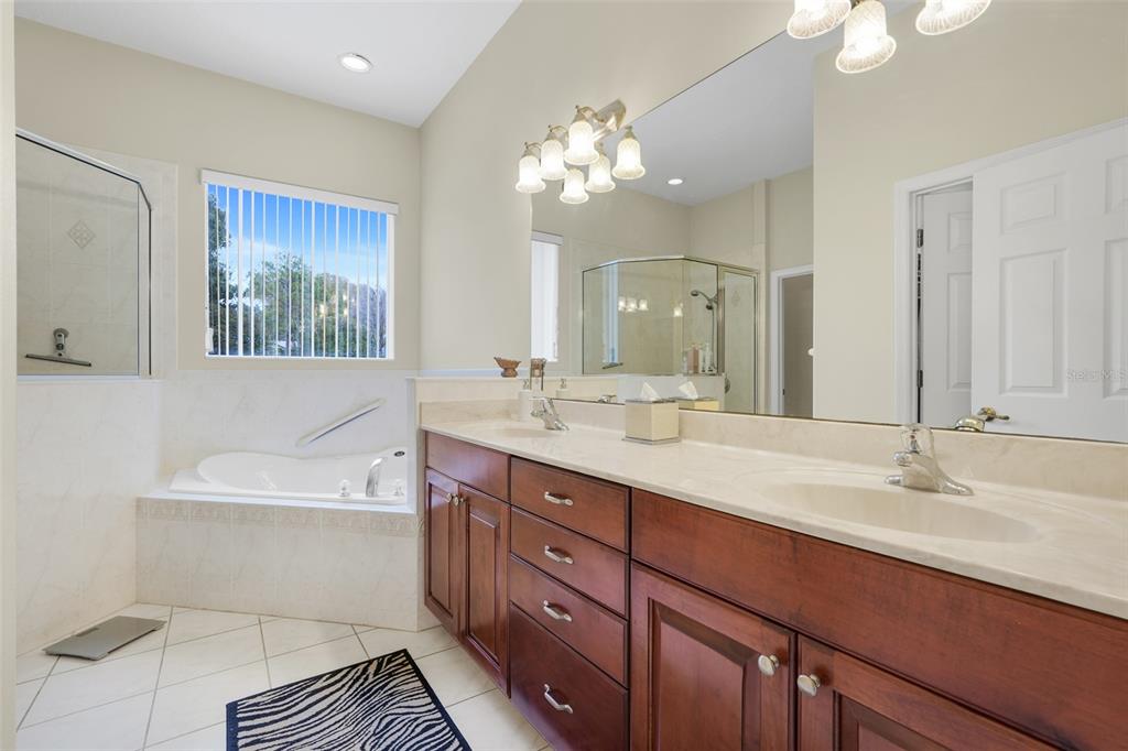 10336 Lake Louisa Road Clermont, FL 34711 - Photo 27 of 58 a bathroom with a double vanity sink a mirror and a bathtub