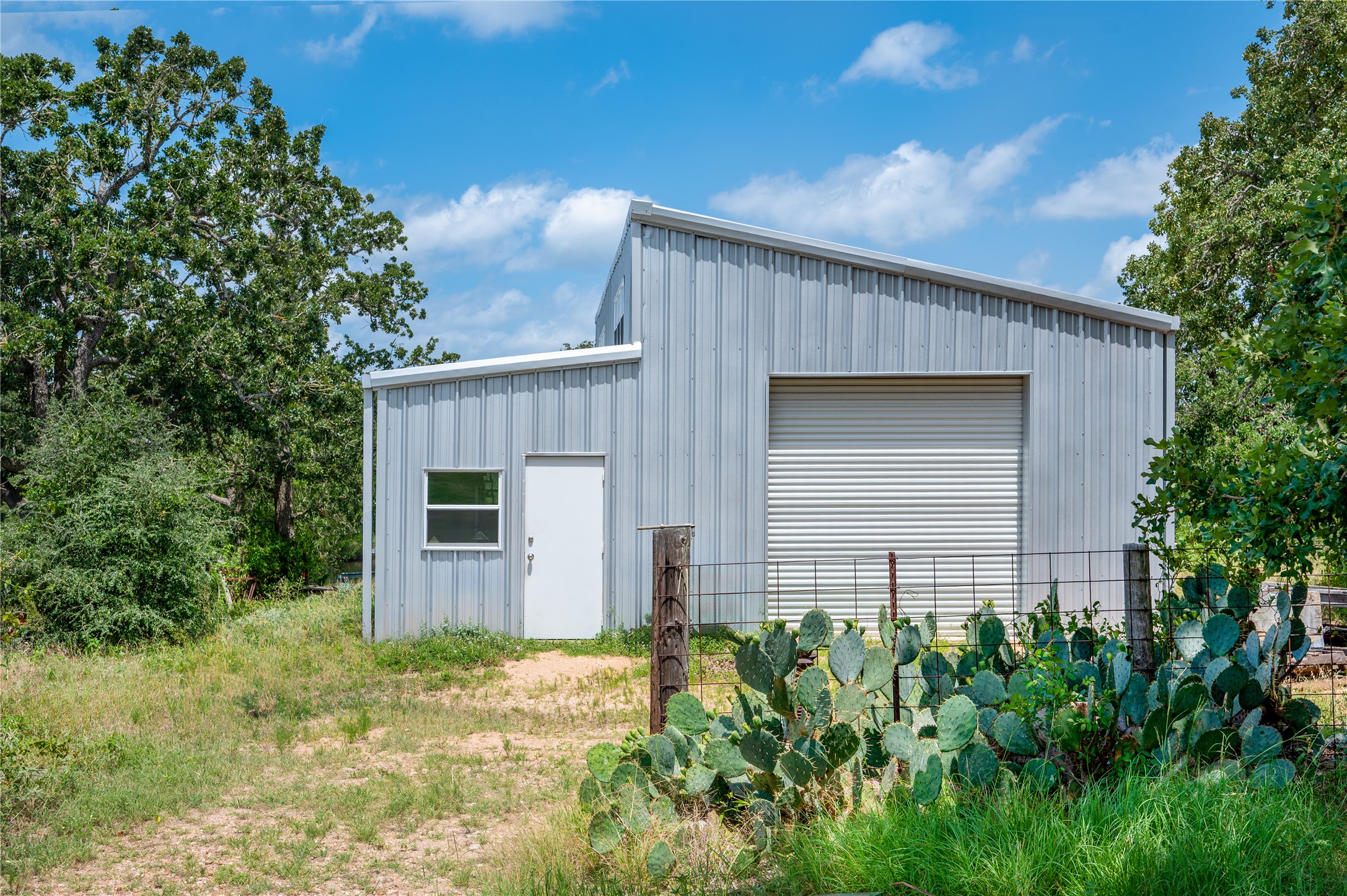 270 Dry Creek Road Manor, TX 78653 - Photo 5 of 40 A versatile metal structure offers practical space amidst natural surroundings and vibrant cacti.