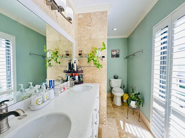 a dining room with furniture and a potted plant