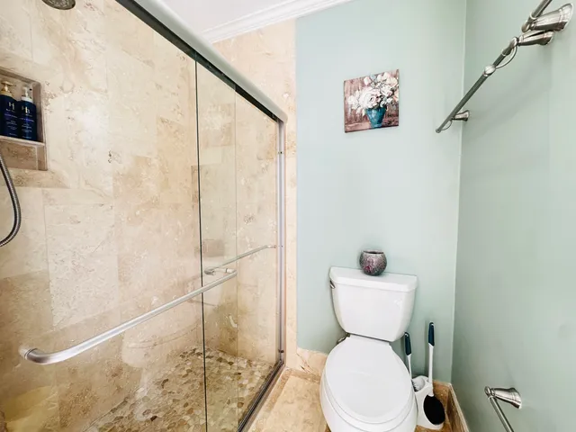 a bathroom with a toilet and a shower