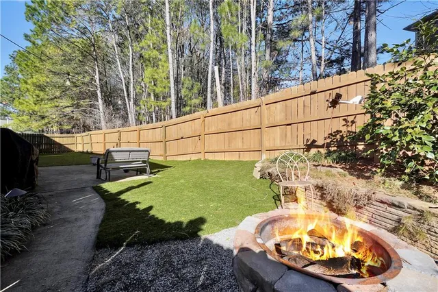 a garden view with a seating space