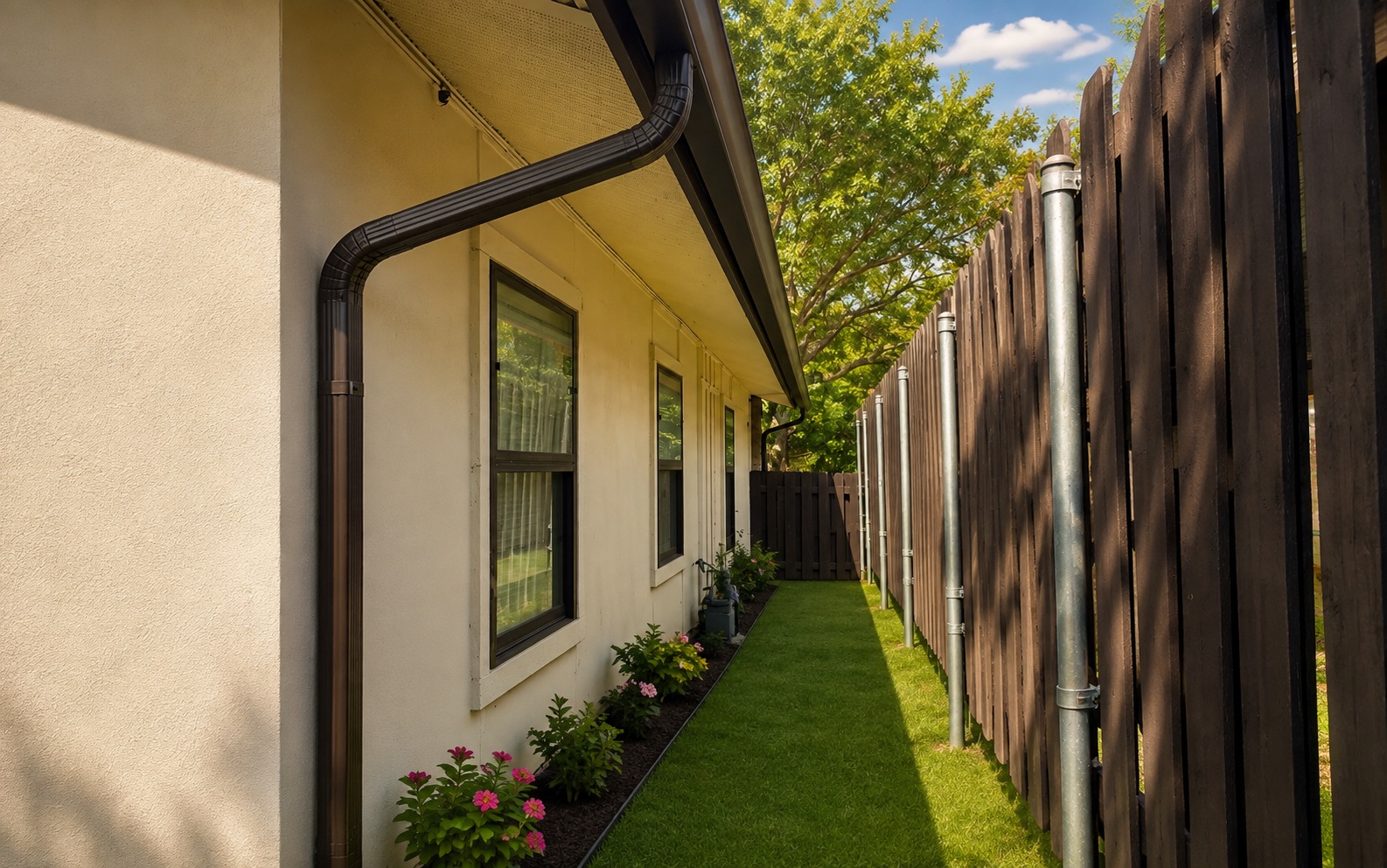 6016 Signal Point Austin, TX 78724 - Photo 19 of 20 AI was used for landscape A slender grassy walkway bordered by a well-kept garden bed and a sturdy privacy fence.