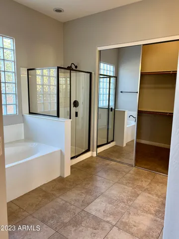 a bathroom with a bathtub and a shower