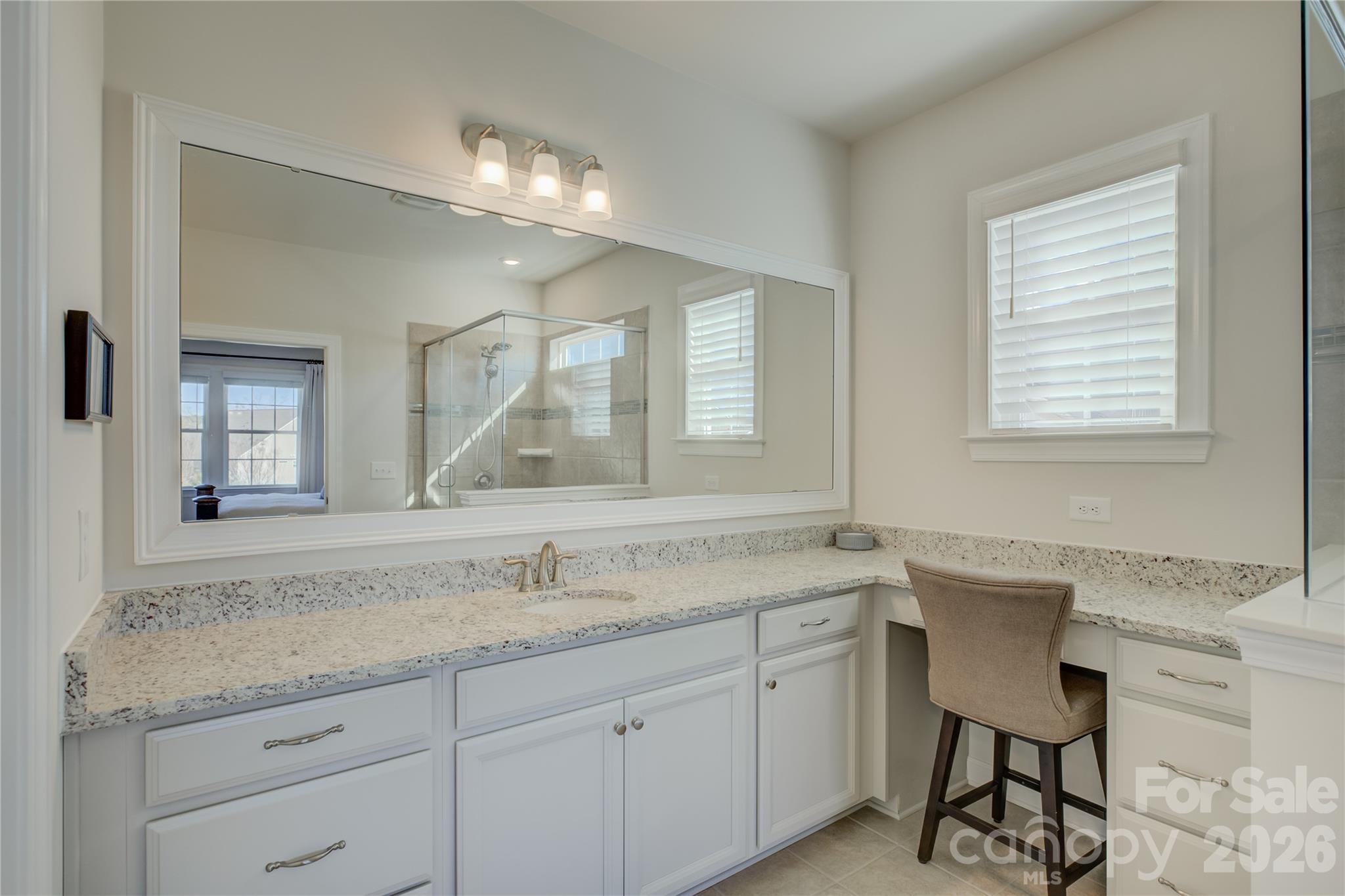 16541 Cozy Cove Road Charlotte, NC 28278 - Photo 22 of 47 a bathroom with a granite countertop sink a mirror and a bathtub