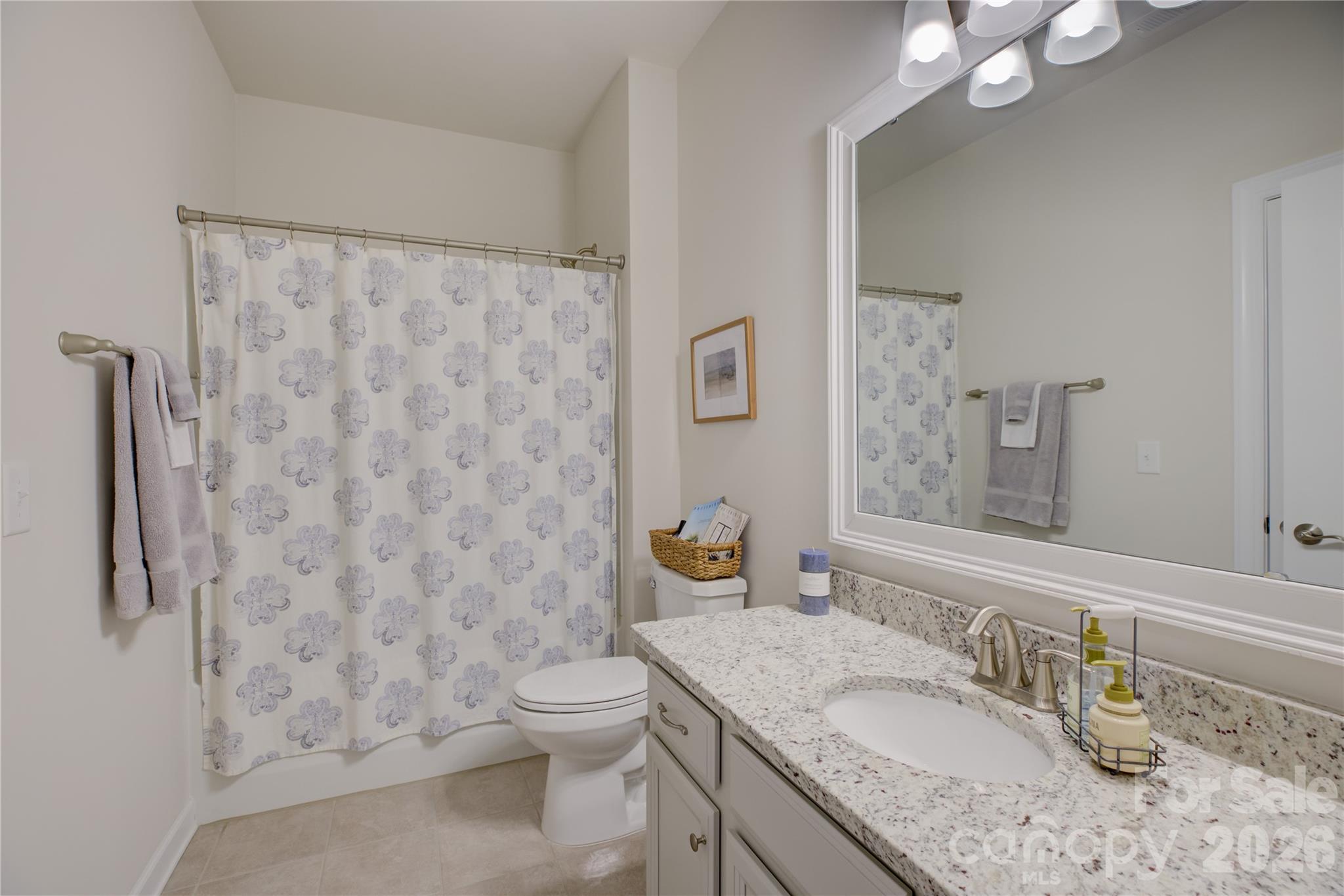 16541 Cozy Cove Road Charlotte, NC 28278 - Photo 30 of 47 a bathroom with a granite countertop sink a toilet and a mirror