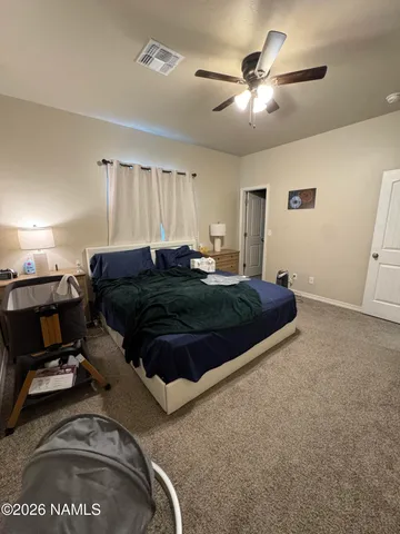 a bedroom with a bed window and a ceiling fan