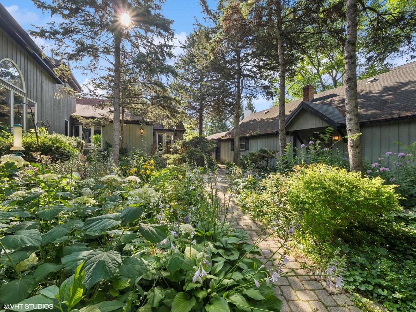 a backyard of a house with large trees and plants