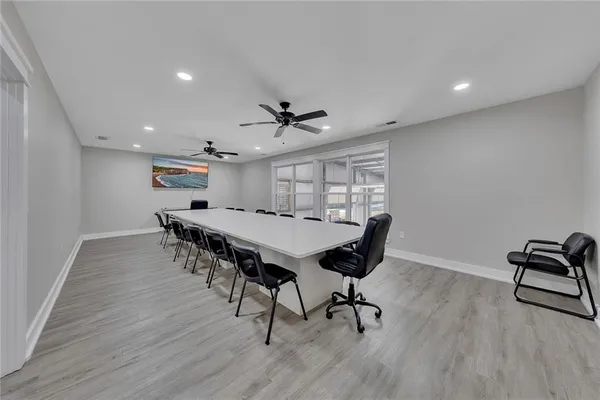 a view of a dining room with furniture