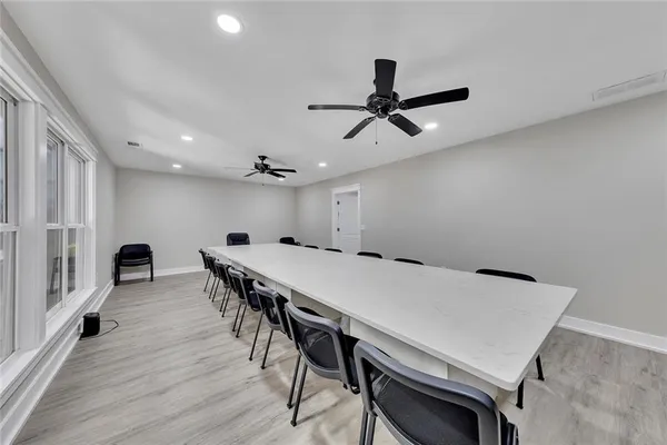 a view of a dining room with furniture