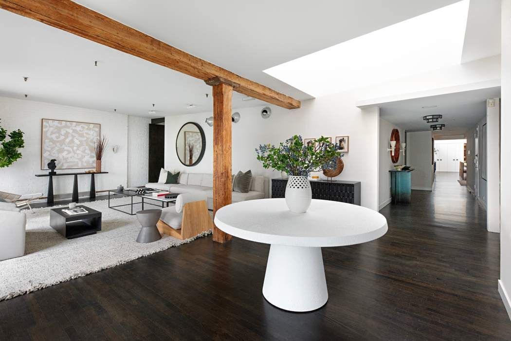 288 West Street, Unit PH Manhattan, NY 10013 - Photo 3 of 19 a dining room with wooden floor a glass table and chairs