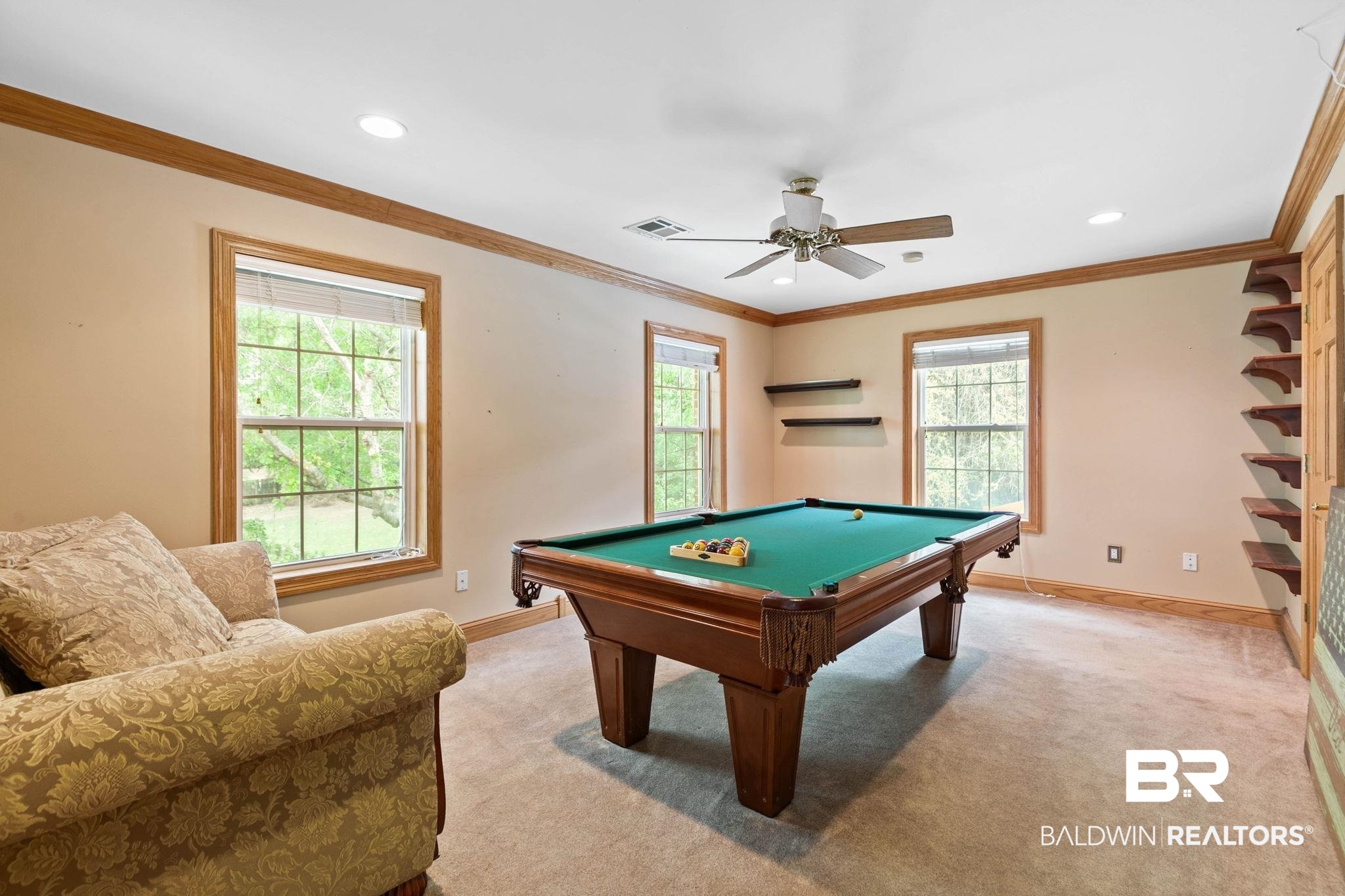 2 Speckle Trout Route Daphne, AL 36527 - Photo 32 of 61 Playroom with billiards table, light colored carpet, crown molding, ceiling fan, and recessed lighting