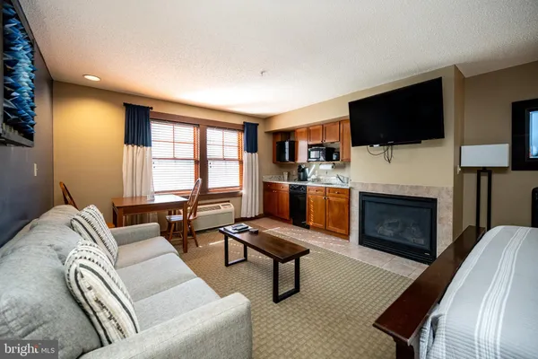 a living room with furniture a fireplace and a flat screen tv