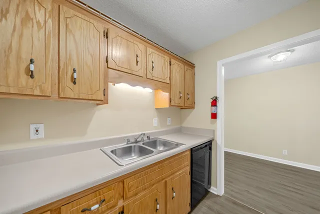 a kitchen with a sink cabinets and wooden floor