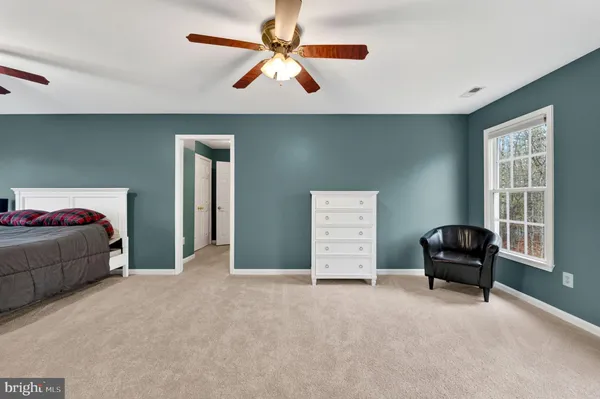 a living room with furniture and a ceiling fan