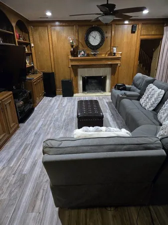 a fireplace with wooden floor