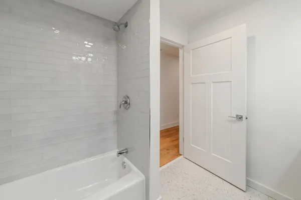 a bathroom with a bathtub