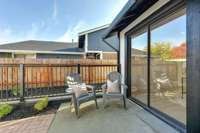 a garden view with a seating space