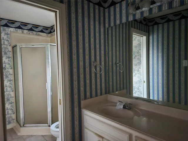 a bathroom with a sink and a large mirror