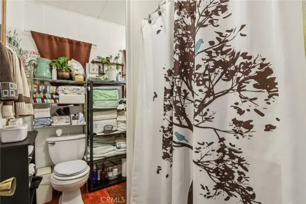 a bathroom with a toilet and a shower curtain