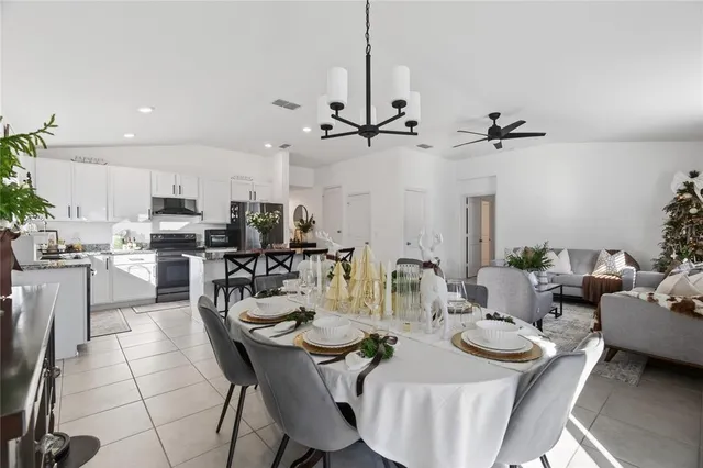 a view of a dining room with furniture