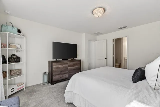 a bedroom with a bed and a flat tv screen in it