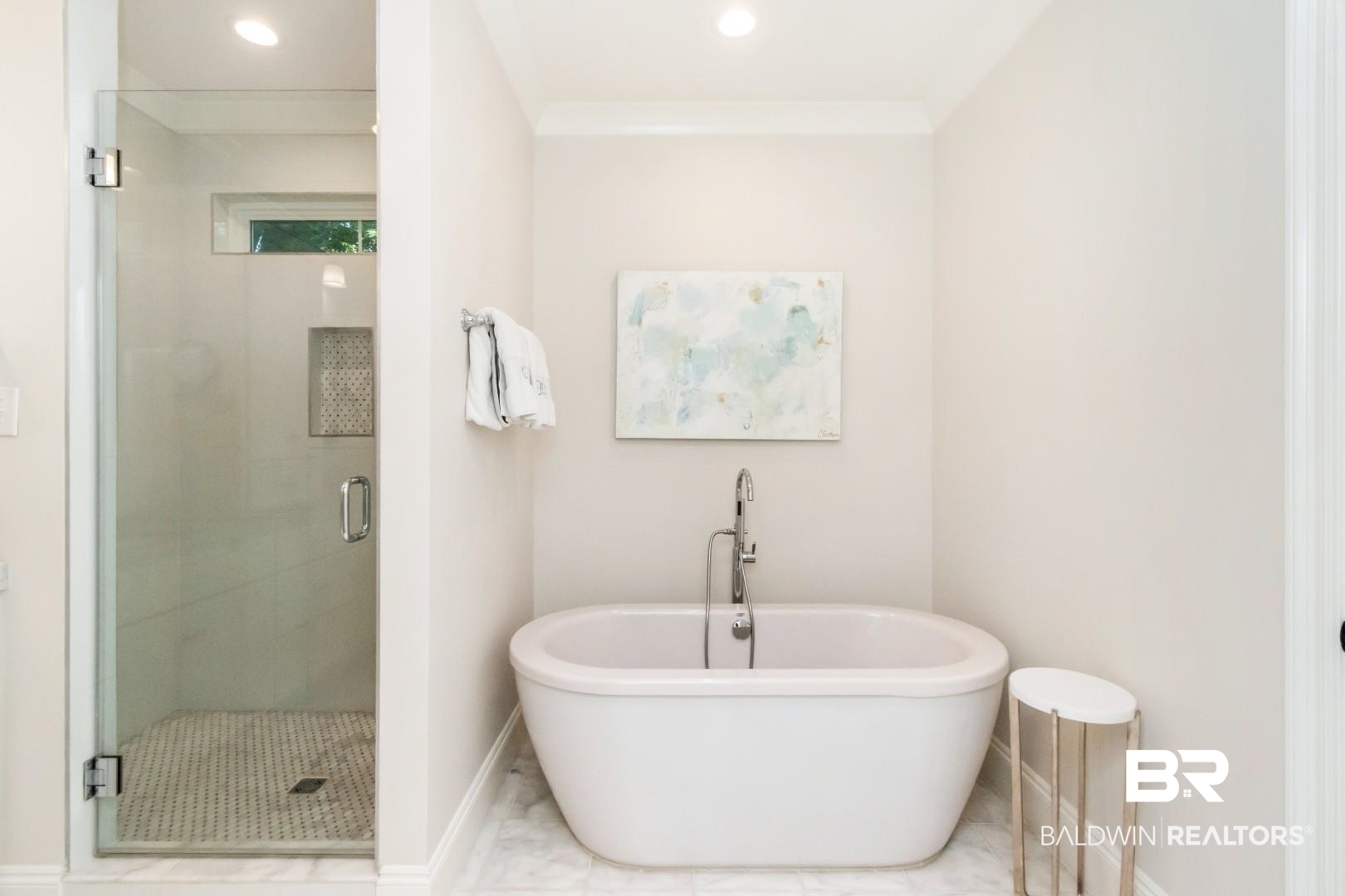 4404 Stein Street Mobile, AL 36608 - Photo 29 of 50 Full bathroom with a stall shower, a freestanding bath, and recessed lighting