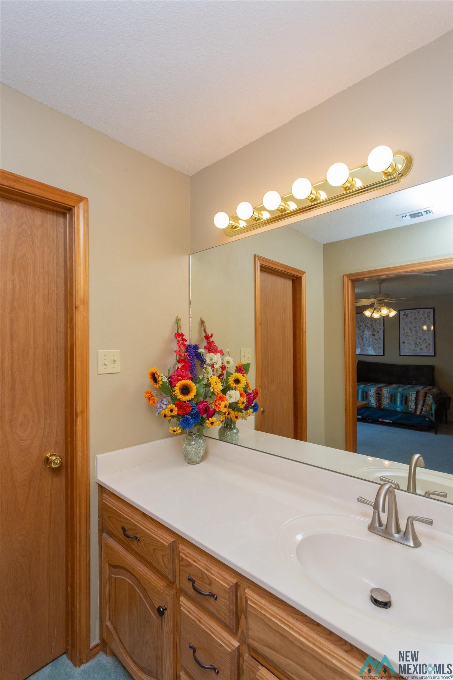 2012 South Haldeman Road Artesia, NM 88210 - Photo 31 of 96 Bathroom vanity featuring a single integrated sink, brushed nickel faucet, and a large wall-mounted mirror