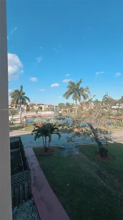 a view of a yard and coconut trees