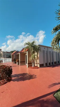 a view of a park with a palm tree