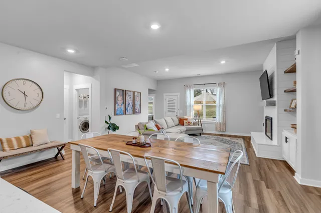 a view of a dining room with furniture