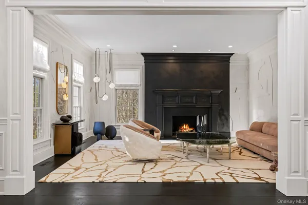 a living room with a fireplace