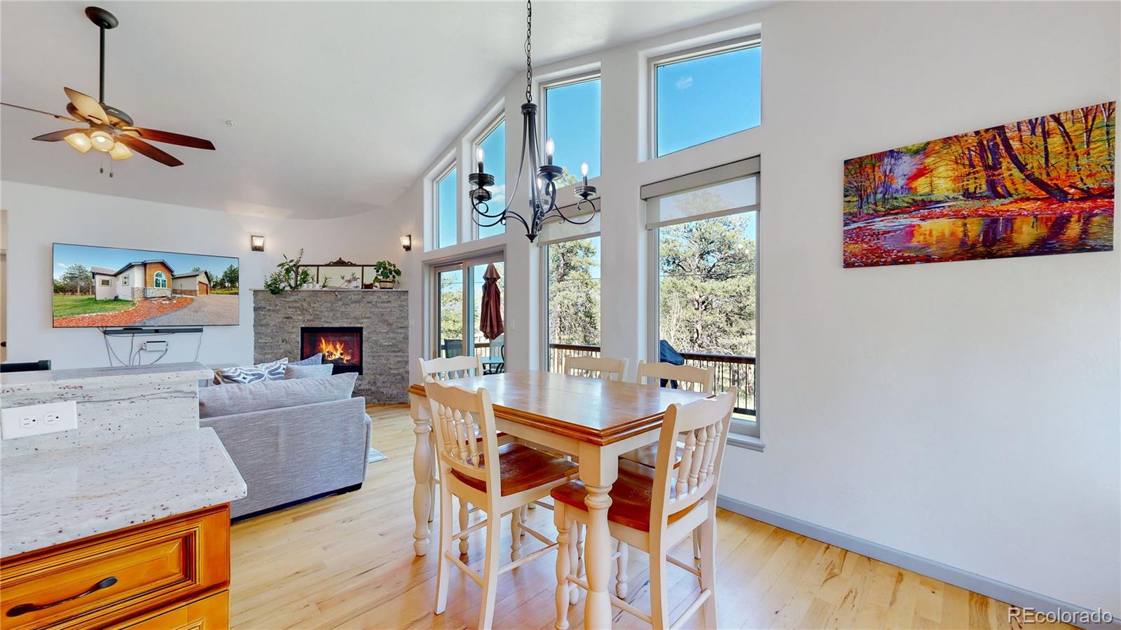 230 Mohawk Trail Pine, CO 80470 - Photo 7 of 39 a living room with furniture a flat screen tv and a floor to ceiling window
