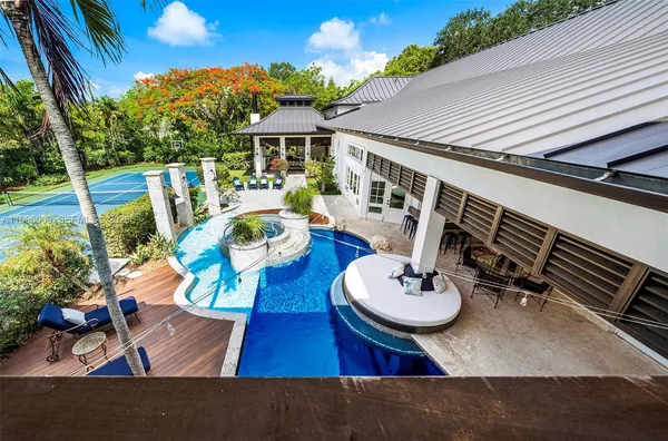 a view of a swimming pool with a patio